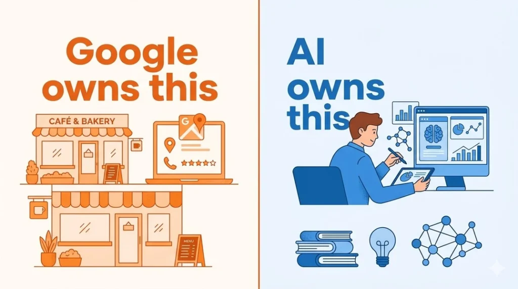 Split infographic comparing local business visibility: "Google owns this" shows a café's Google Maps listing; "AI owns this" shows AI-driven data and search.