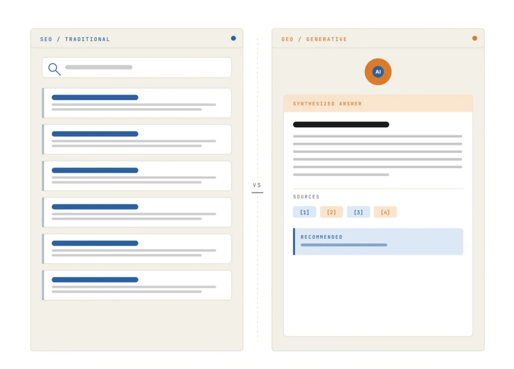 Side-by-side comparison of traditional SEO search results listing multiple links versus a generative AI synthesized answer with cited sources