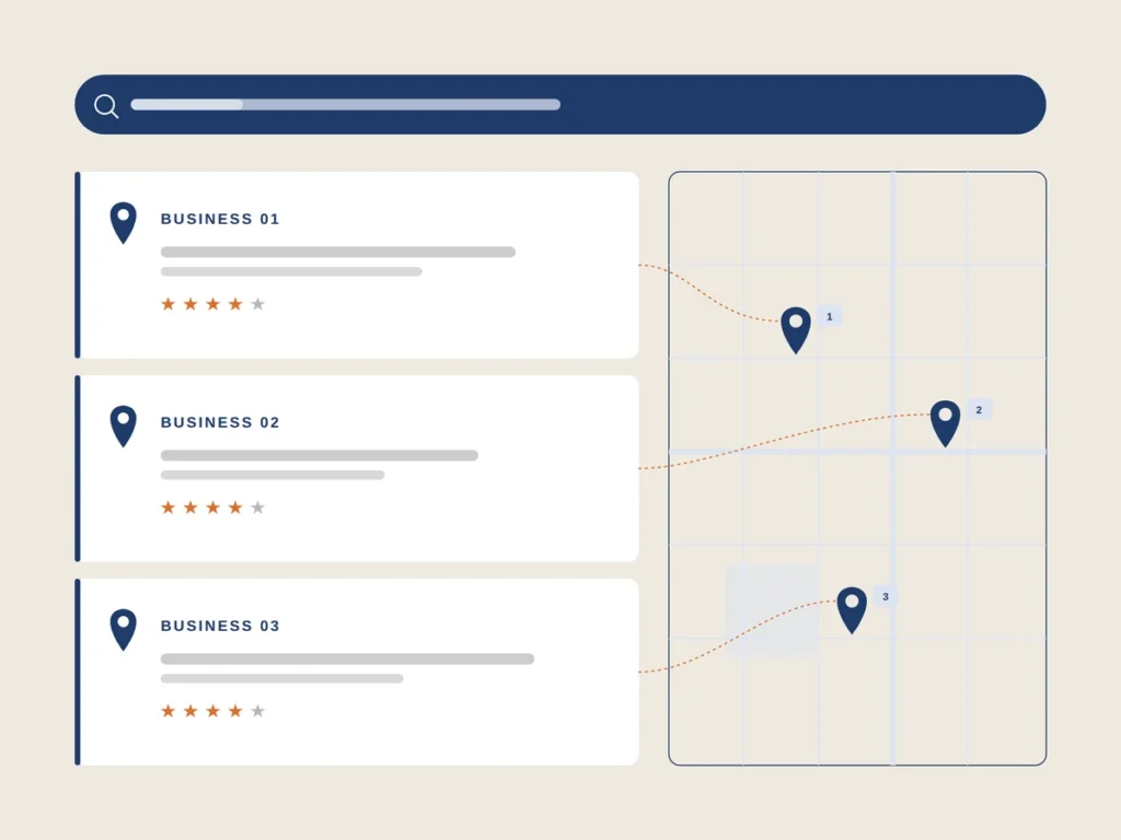 Diagram of a "near me" query showing three local business results connected to map pins