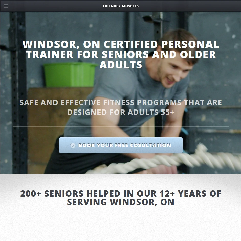 Friendly Muscles homepage: Windsor, ON certified personal trainer for seniors and older adults, with a consultation button.